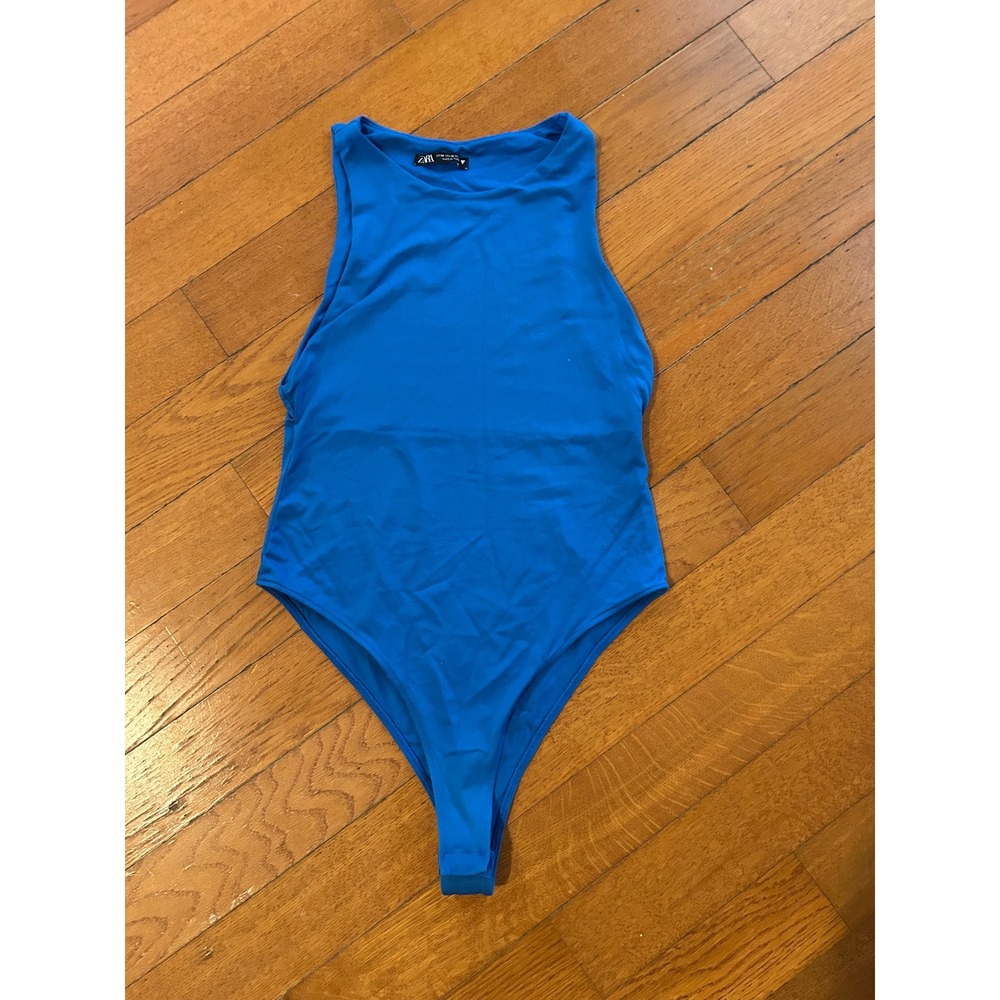Zara Royal Blue Sleeveless High Neck Bodysuit Medium Racerback Stretch Top